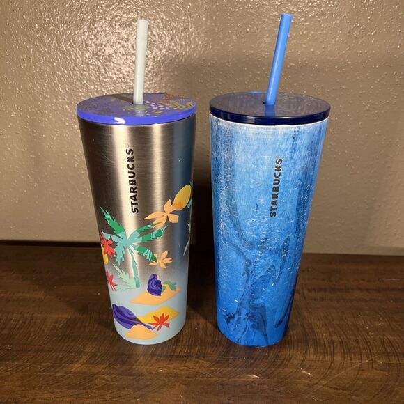 Starbucks Floral Stainless Steel Cups Venti 24oz w Lid Straw Lot of 2 - Picture 1 of 8